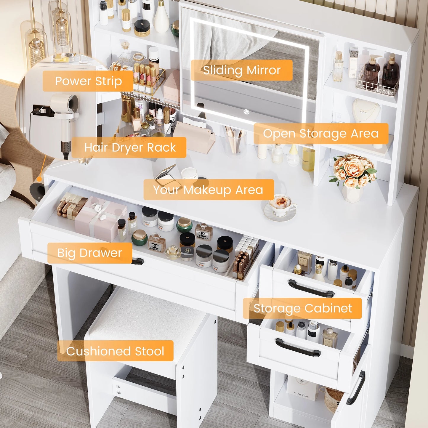 SESSLIFE 41''Vanity Set with Charging Station, Large Makeup Desk with LED Sliding Mirror, 3 Lighting Modes Adjustable Brightness, Makeup Dressing Table Set for Adults,Women, White