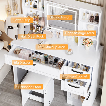 SESSLIFE 41''Vanity Set with Charging Station, Large Makeup Desk with LED Sliding Mirror, 3 Lighting Modes Adjustable Brightness, Makeup Dressing Table Set for Adults,Women, White