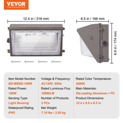 VEVOR 2PCs LED Wall Pack Lights, 100W 10800LM, 5000K Commercial Outdoor Lights Security Lighting Fixture, with Intelligent Light Sensing 180 LED beads Energy Saving for Garages Yards