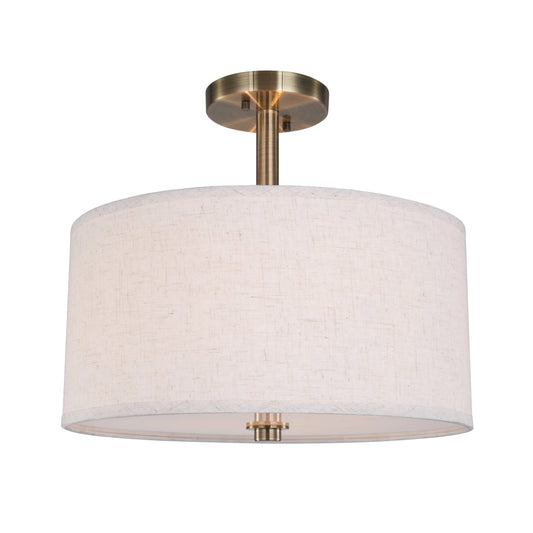 Woodbridge Lighting Drum 3-Light Fabric & Steel Semi-Flush in Brass/Gray