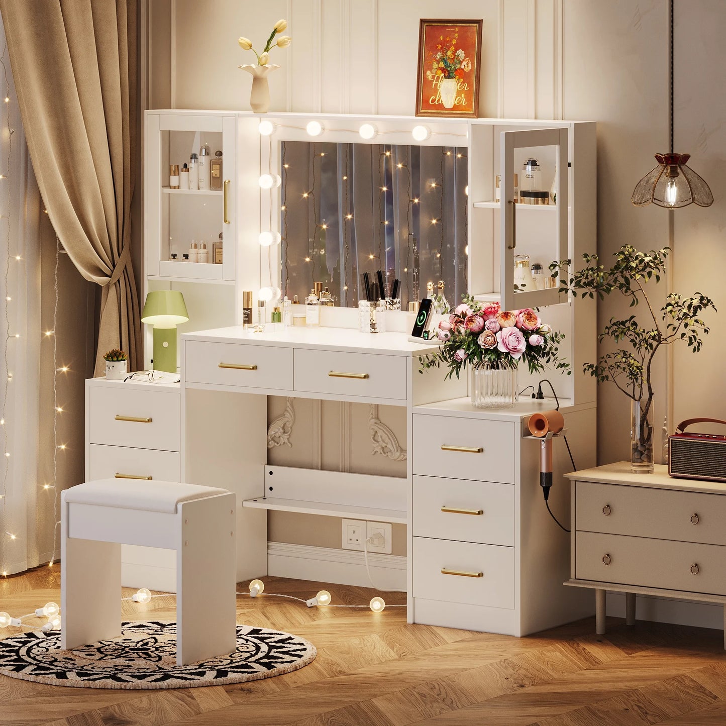 UGTOO 58.3" White Vanity Desk with Mirror, Adjustable Lighting, Power Outlet, Drawers, with Stool