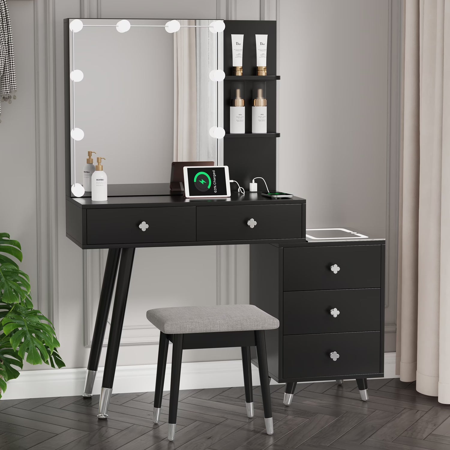Vanity Set with Stool, Black Vanity Desk with Mirror, 5 Drawers and 2-Layer Shelves, LED Three-Tone Lighting, Particle Board With Triamine Coating, Solid Wood Legs With Copper Sheath Decoration