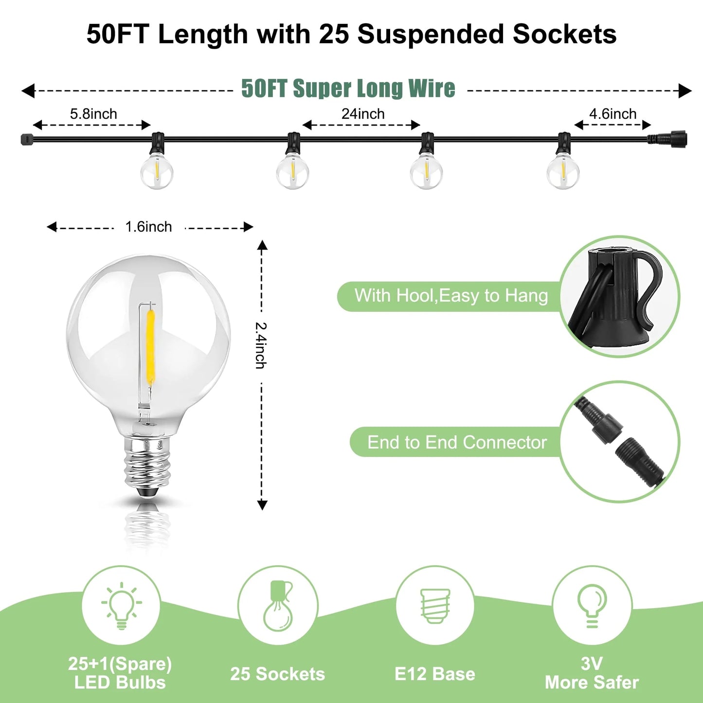 Solar Outdoor String Lights - 50FT Waterproof Patio Lights with 25 Dimmable Hanging Lights Globe G40 Bulbs, Shatterproof LED Christmas Lights for Outside Decor Party Wedding Porch Backyard
