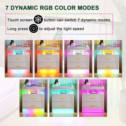 HNEBC RGB LED Nightstand with Wireless Charging Station & USB Ports, High Gloss Smart Night Stand with Drawer and Dynamic Lighting, Modern Bedside Tables for Bedroom, End Table