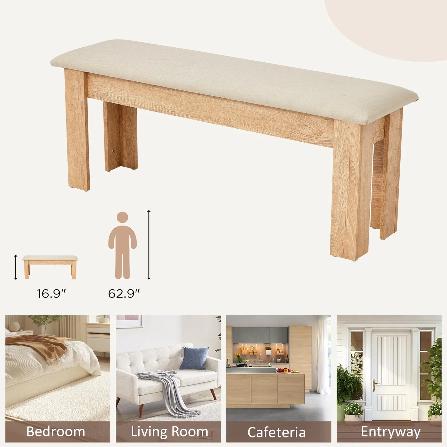 AVAWING 44" Dining Room Bench Set of 2, Wood & Linen Fabric Kitchen Benches, Beige & Natural