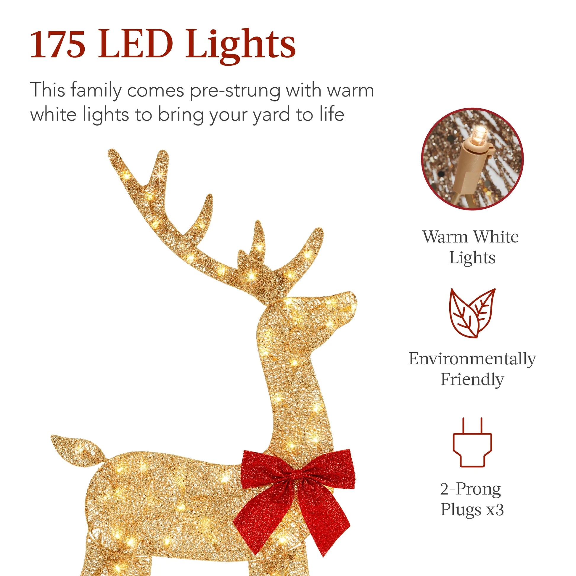 Best Choice Products 3-Piece 2D Deer Family Set, Lighted Christmas Outdoor Decoration w/175 Lights, Stakes - Gold