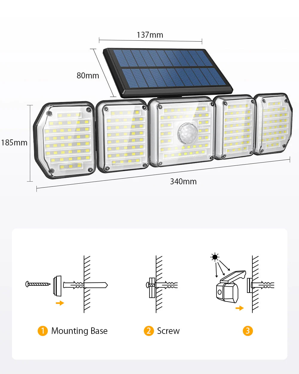 2/1 Pack Solar Lights Outdoor,5 Adjustable Heads Solar Flood Lights,214 LED 3 Lighting Modes Dimmable IP65 Waterproof, Motion Sensor Security Wall Lights
