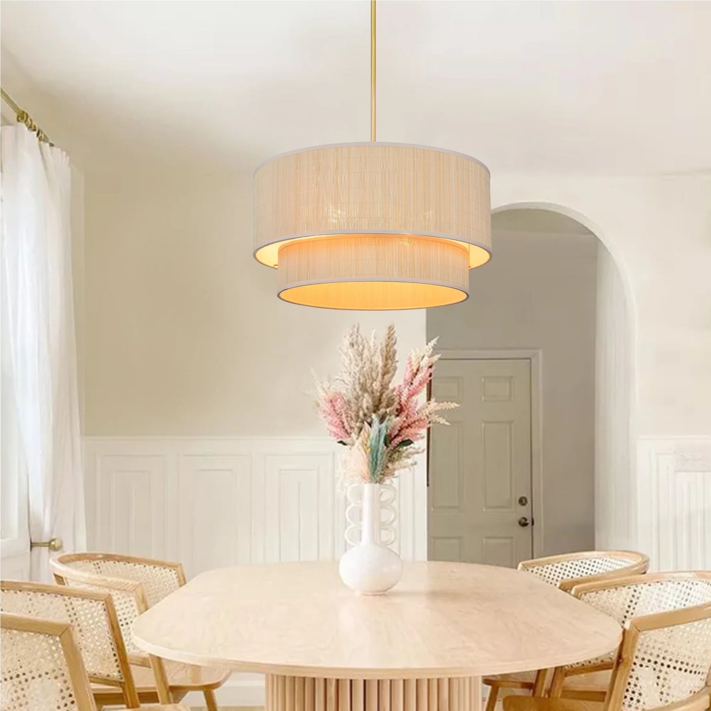 Prime Ray 20 in. 4-Light Natural Rattan Tiered Drum Pendant Chandelier Light with Gold Hardware