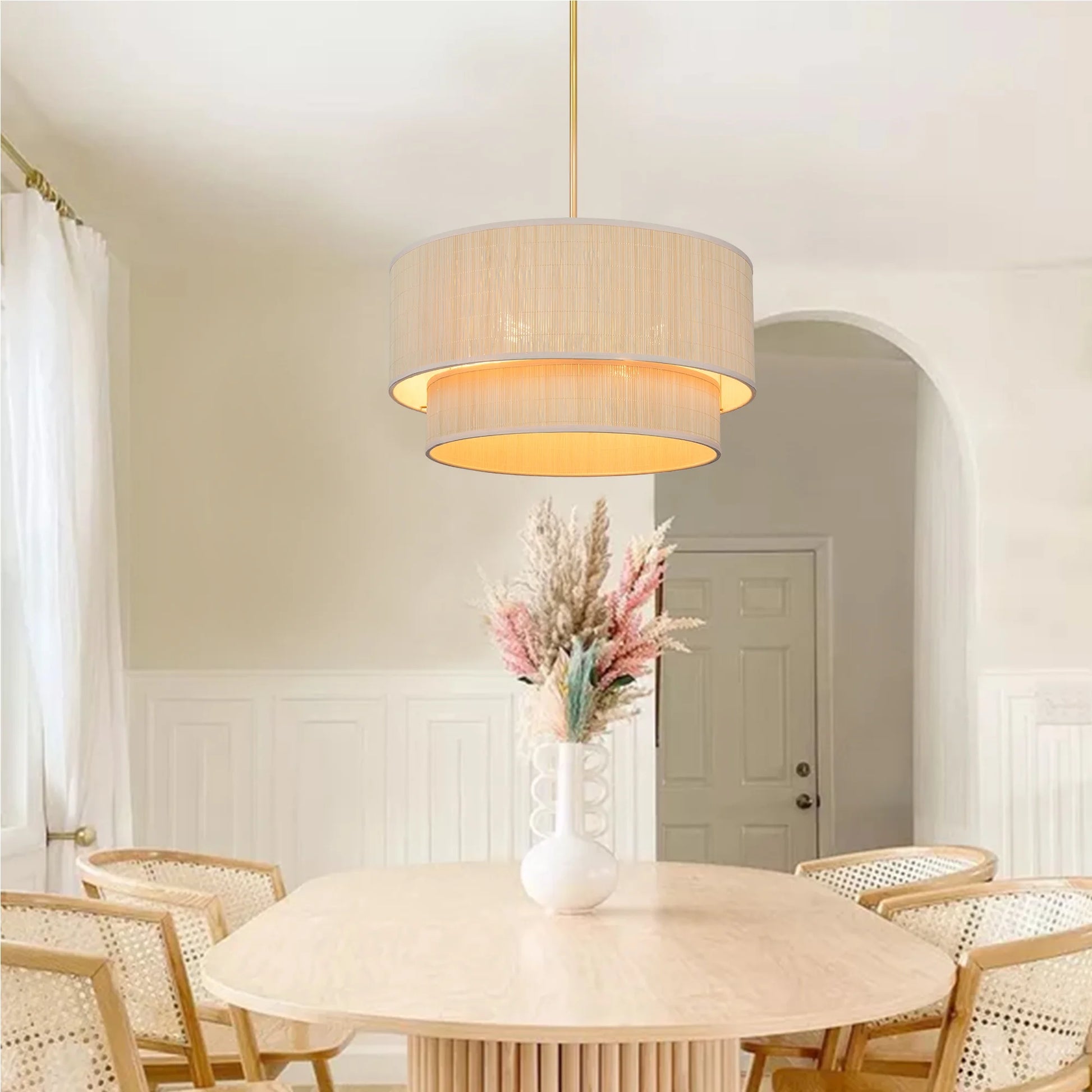 Prime Ray 20 in. 4-Light Natural Rattan Tiered Drum Pendant Chandelier Light with Gold Hardware