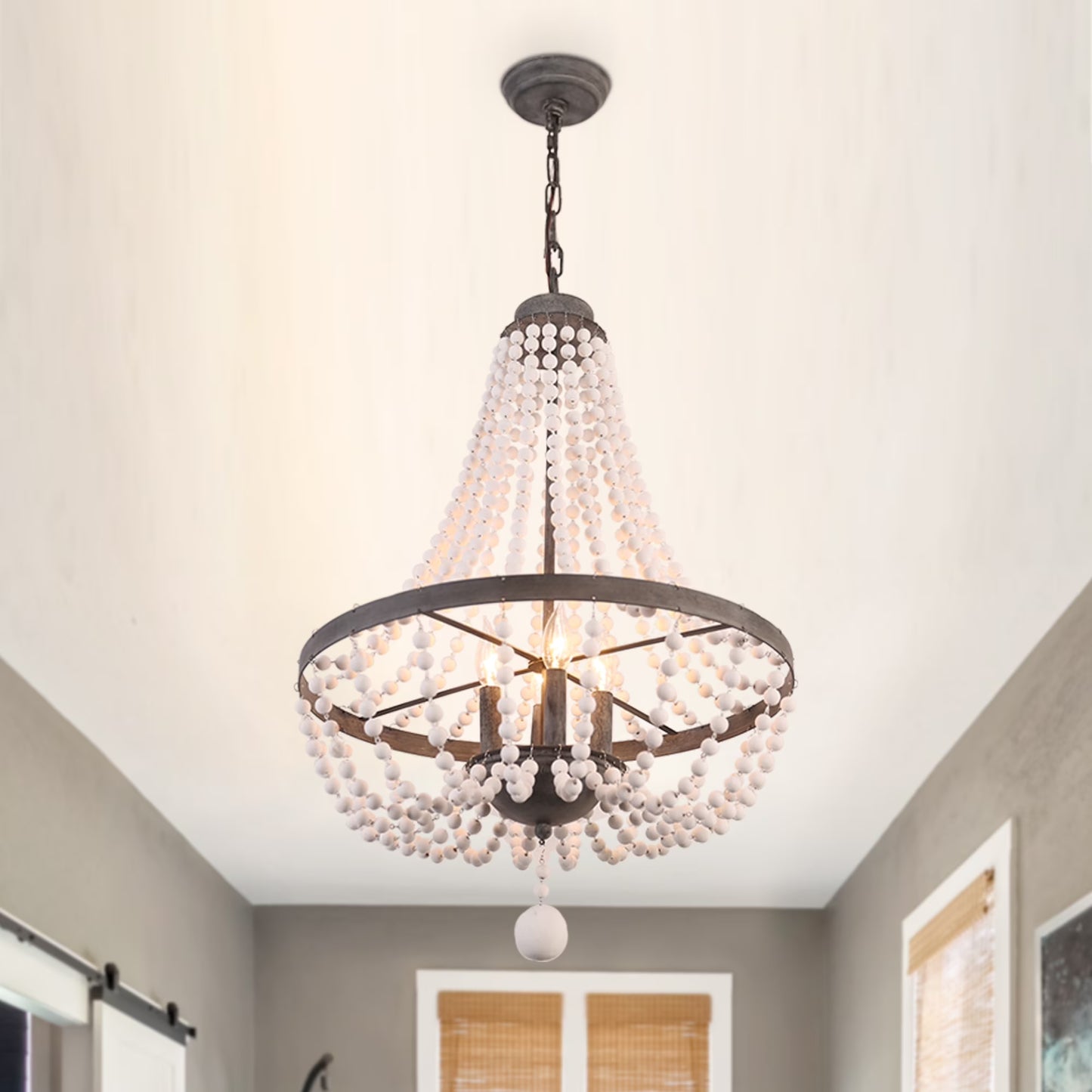 Oaks Aura 4-Light Farmhouse Wood Beaded Chandelier Adjustable Height Black Finish Boho Pendant Lighting