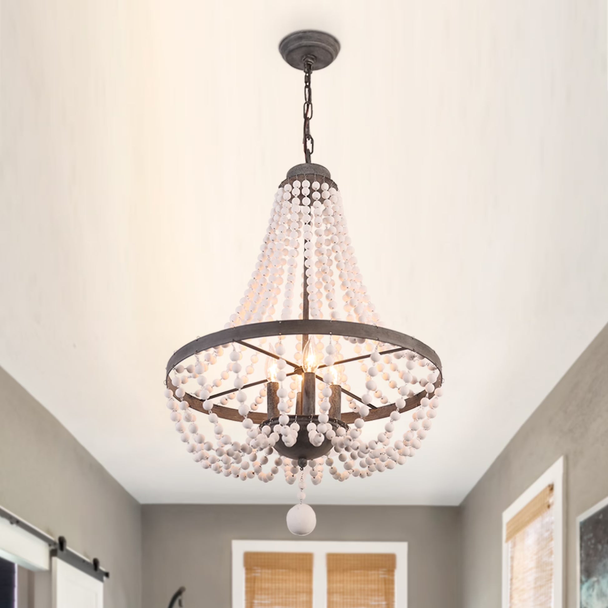 Oaks Aura 4-Light Farmhouse Wood Beaded Chandelier Adjustable Height Black Finish Boho Pendant Lighting