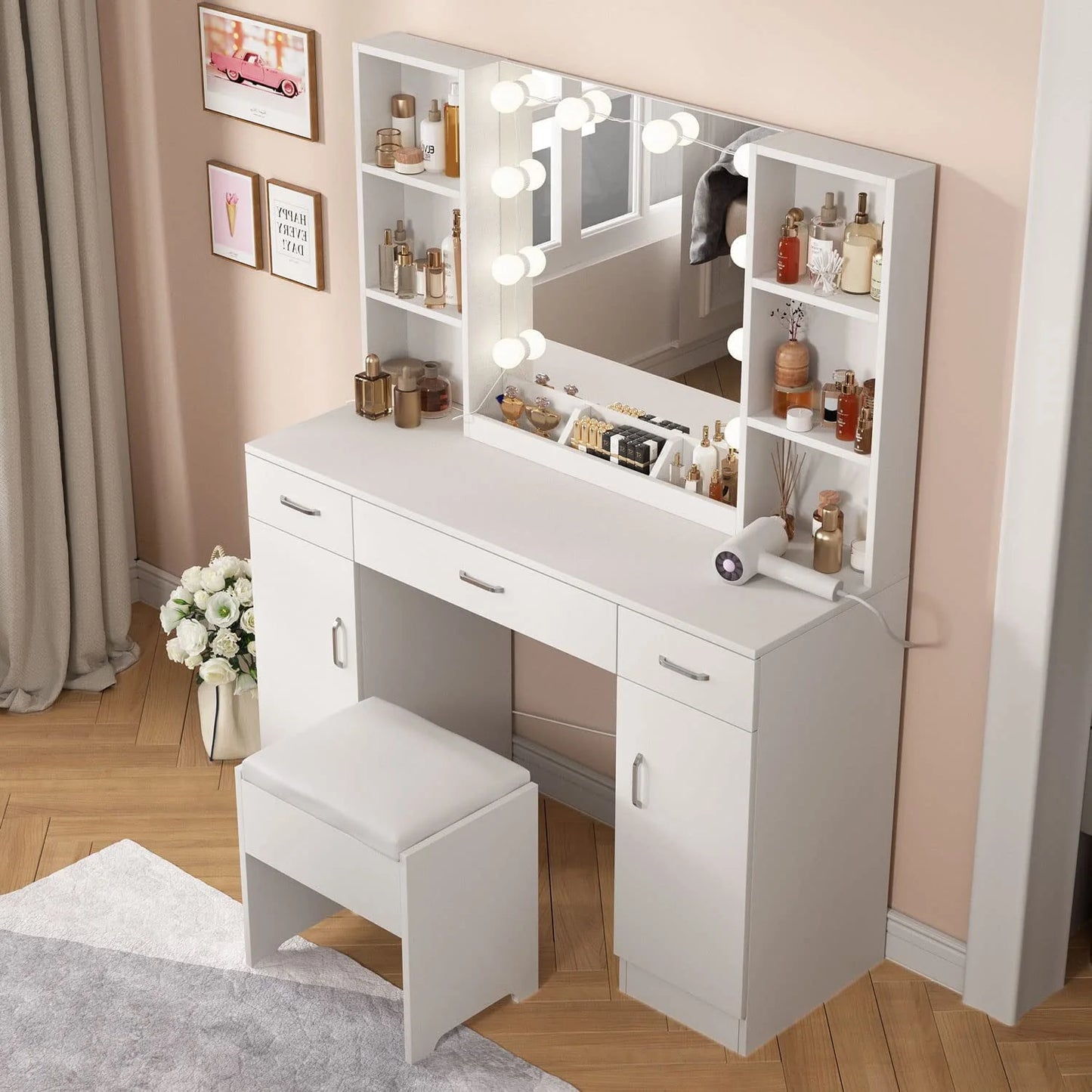 Veanerwood Large Makeup Vanity Set with Lights, White Bedroom Makeup Vanity Table with Storage, 3 Adjustable Lighting Colors, Modern, 45.2in