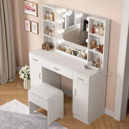 Veanerwood Large Makeup Vanity Set with Lights, White Bedroom Makeup Vanity Table with Storage, 3 Adjustable Lighting Colors, Modern, 45.2in
