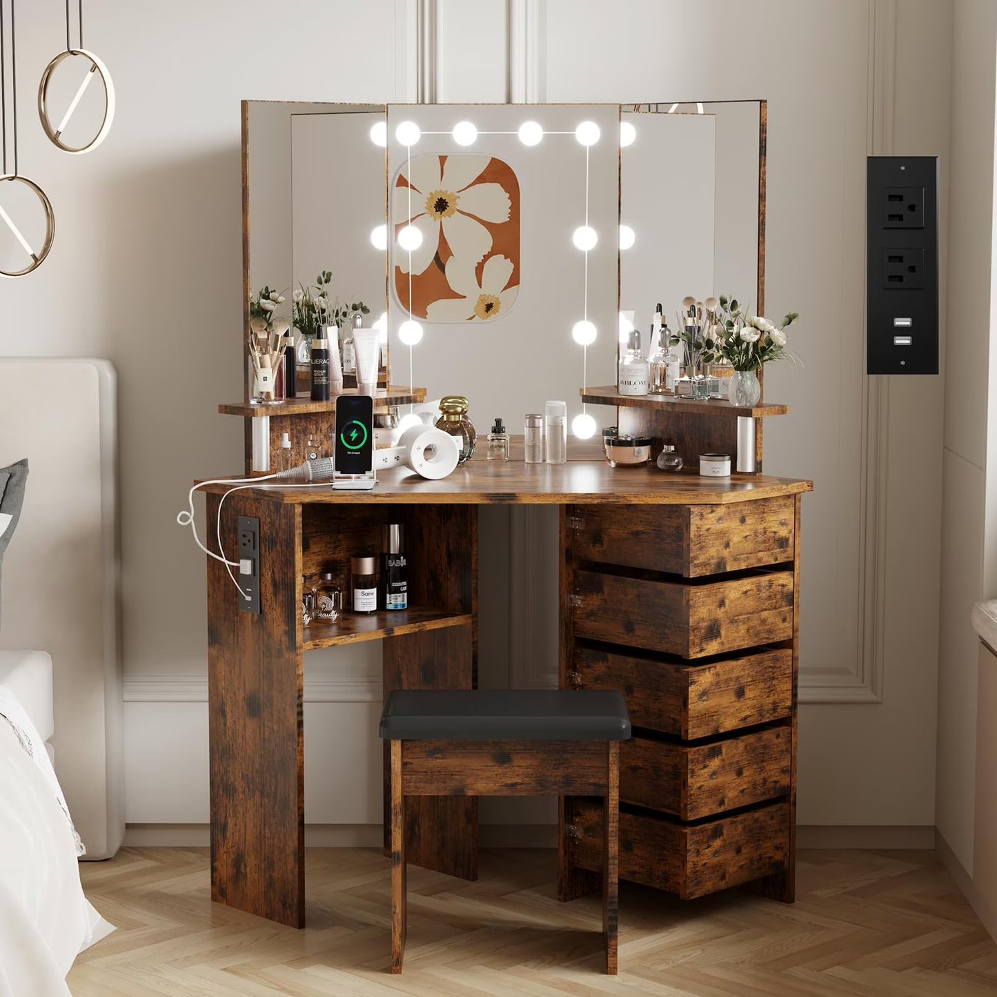Ataucjin Makeup Vanity Desk With Lights Mirror & Power Outlet Corner Makeup Vanity Table With 5 Rotating Drawers Shelves And Stool 3 Color Lighting Makeup Table Bedroom Dressing Table
