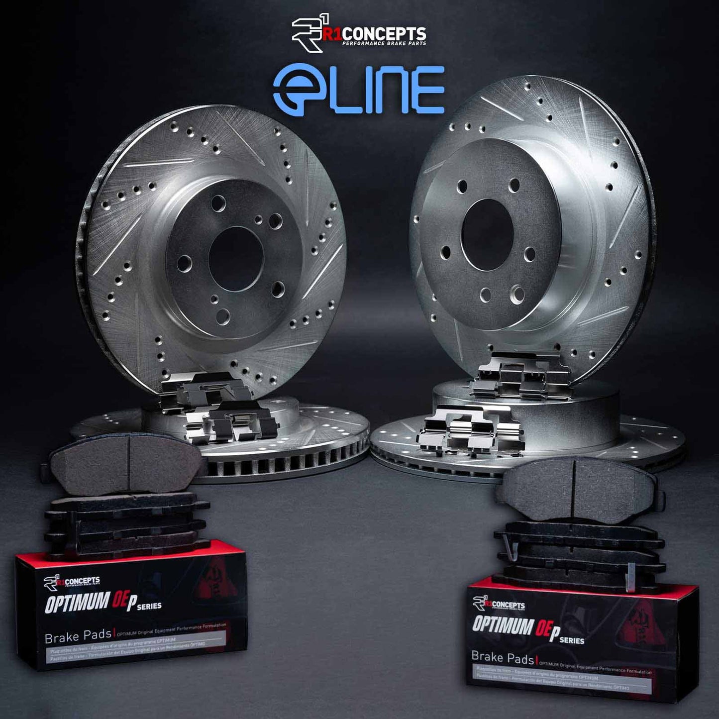 R1 Concepts Front Rear Brakes and Rotors Kit |Front Rear Brake Pads| Brake Rotors and Pads| Optimum OEp Brake Pads and Rotors |Hardware Kit WGUH2-31056