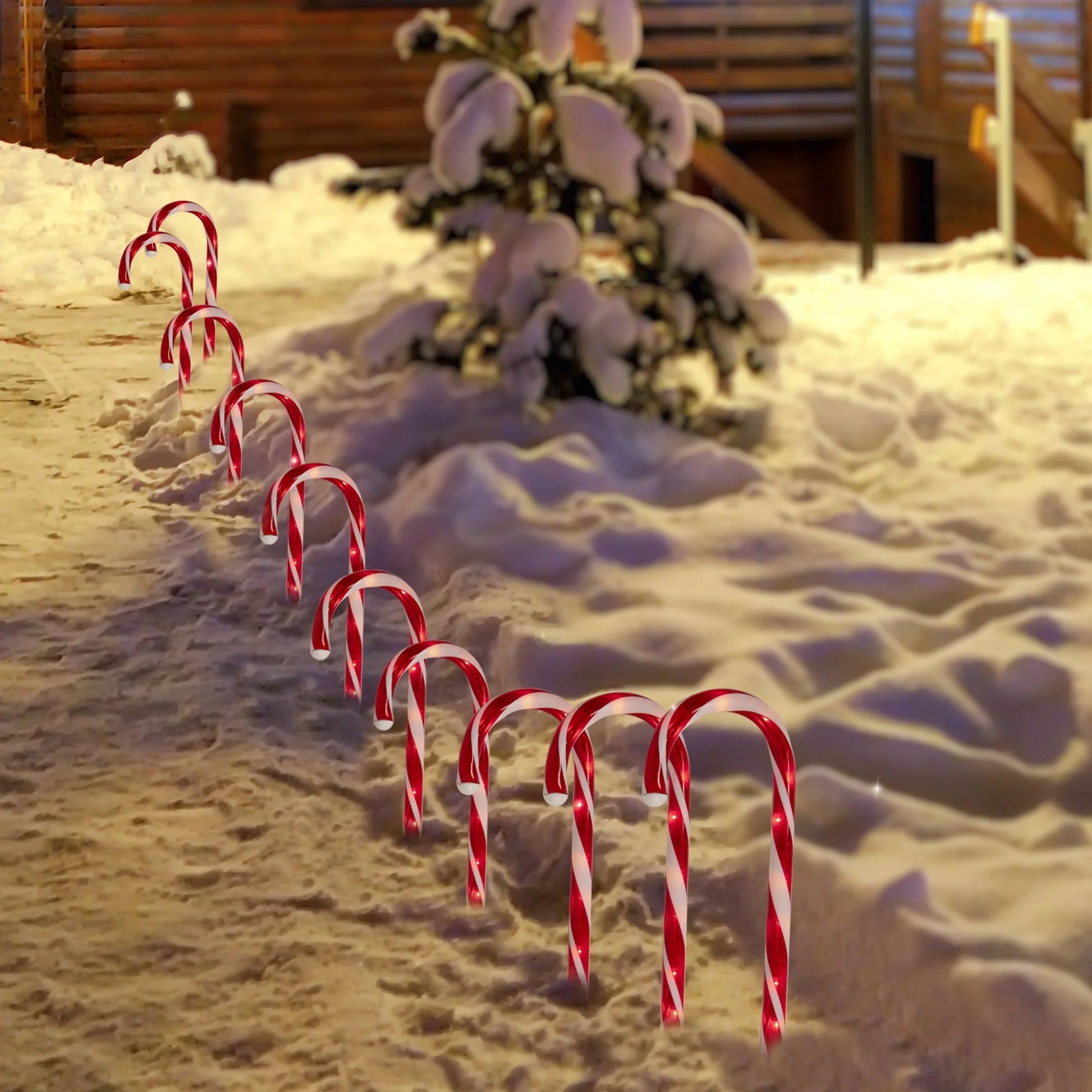 Set of 10 Red Lighted Outdoor Candy Cane Christmas Lawn Stakes 12"