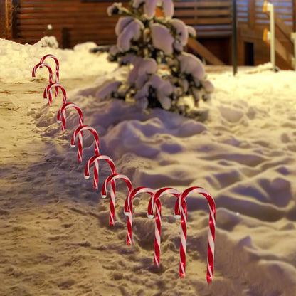 Set of 10 Red Lighted Outdoor Candy Cane Christmas Lawn Stakes 12"