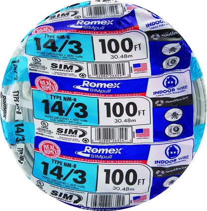 Southwire Romex 100' 14/3 with Ground Residential Indoor Electrical Wire type NM-B White, 7.72lbs