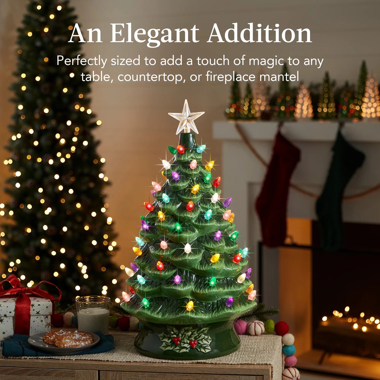 Best Choice Products 24in X-Large Pre-Lit Ceramic Christmas Tree Decor w/74 Multicolor Bulbs, LED Light - Green