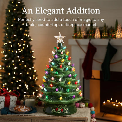 Best Choice Products 24in X-Large Pre-Lit Ceramic Christmas Tree Decor w/74 Multicolor Bulbs, LED Light - Green