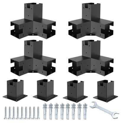 Pergola Brackets 12 Gauge Heavy Duty Steel Modular Modern Outdoor Pergola Hardware Kit DIY Elevated Wood Stand kit Includes 4 Bracket Shoulders 4 Boots for 4x4 (Actual: 3.5x3.5 Inch)