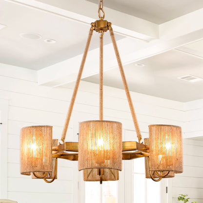 30'' Farmhouse Wood Chandelier, 6-Light Rustic Dining Room Light Fixture, Adjustable Height, Wood Pendant Lighting for Kitchen Living Room Hallway