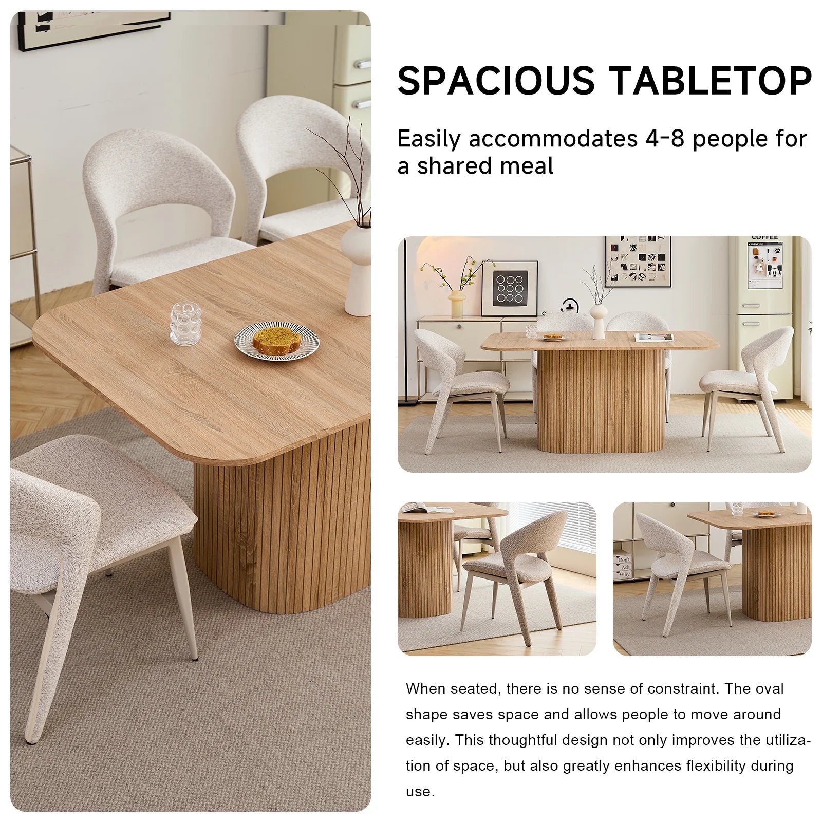 HJhomeheart 63" Rectangle Dining Table for 4 6 Person, Rounded Corners, Wood Strip Pedestal Base, Rustic Farmhouse Modern Breakfast Dinner Kitchen Table