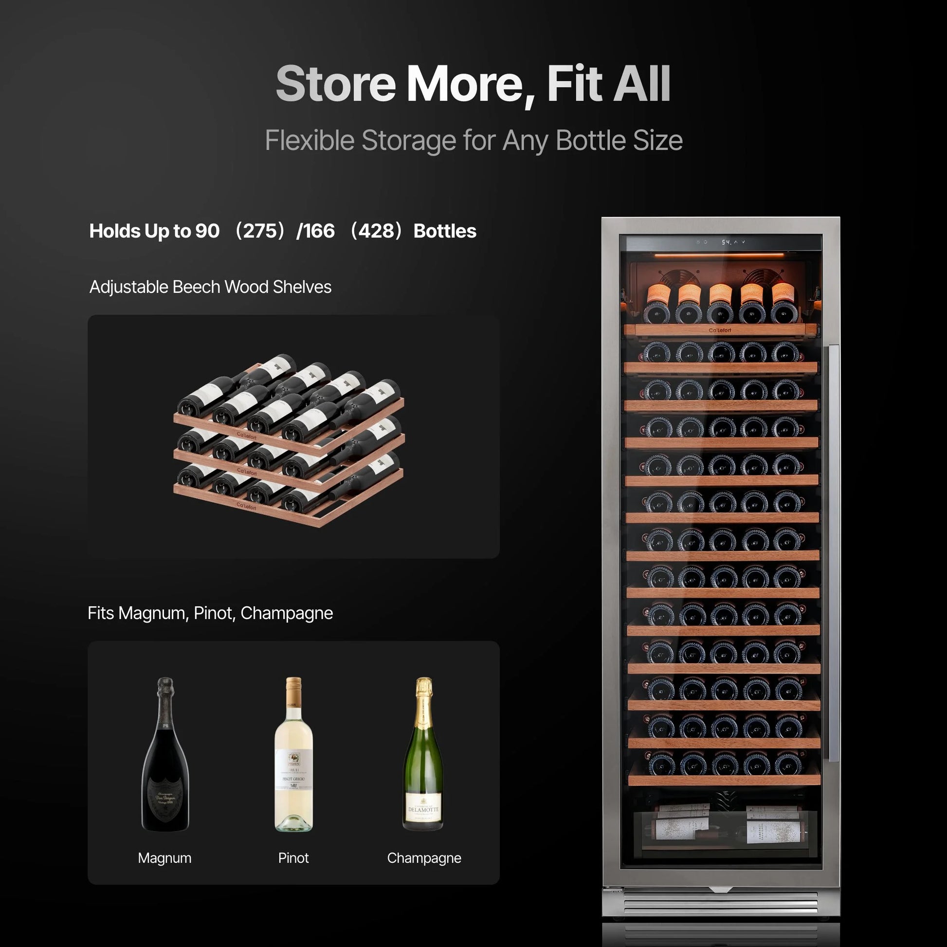 Ca'Lefort 24 inch 166-Bottle Wine Cooler Refrigerator Freestanding/Built-In Dual Zone 3-Color LED Lighting for Home, Bar & Office
