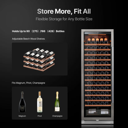 Ca'Lefort 24 inch 166-Bottle Wine Cooler Refrigerator Freestanding/Built-In Dual Zone 3-Color LED Lighting for Home, Bar & Office