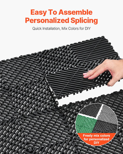 KFFKFF Drainage Floor Mat Set, 12? x 12? Modular Interlocking Padding, Set of 55 Connectable Drainage Mats, Slip-Resistant Black PP Drainage Floor and Bath Mat, Suitable for Garage, Garden
