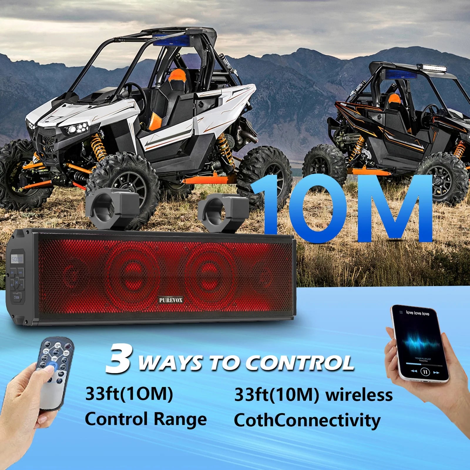 PUREVOX UTV Sound Bar 17 inch Waterproof Soundbar Bluetooth LED Lighting 400W Power 4" Full Range Speaker