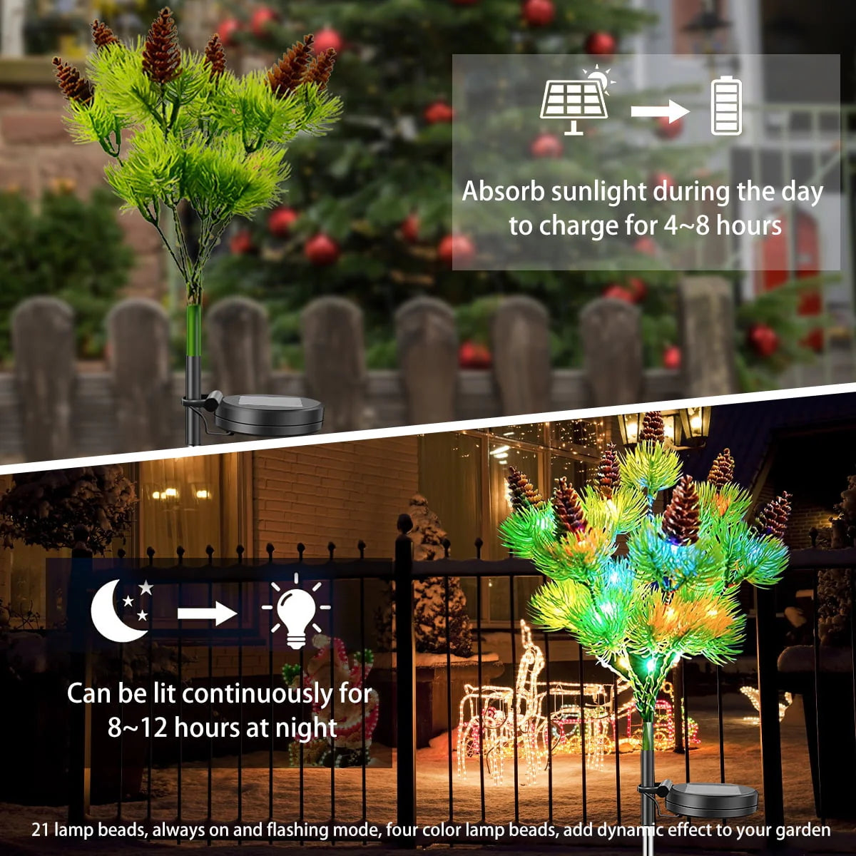 Motrke 4PCS Solar Flickering Pine Lights LED Solar Powered Christmas Tree Lights with Pine Cones Waterproof Multi Color Landscape Lights for Home Christmas Decoration