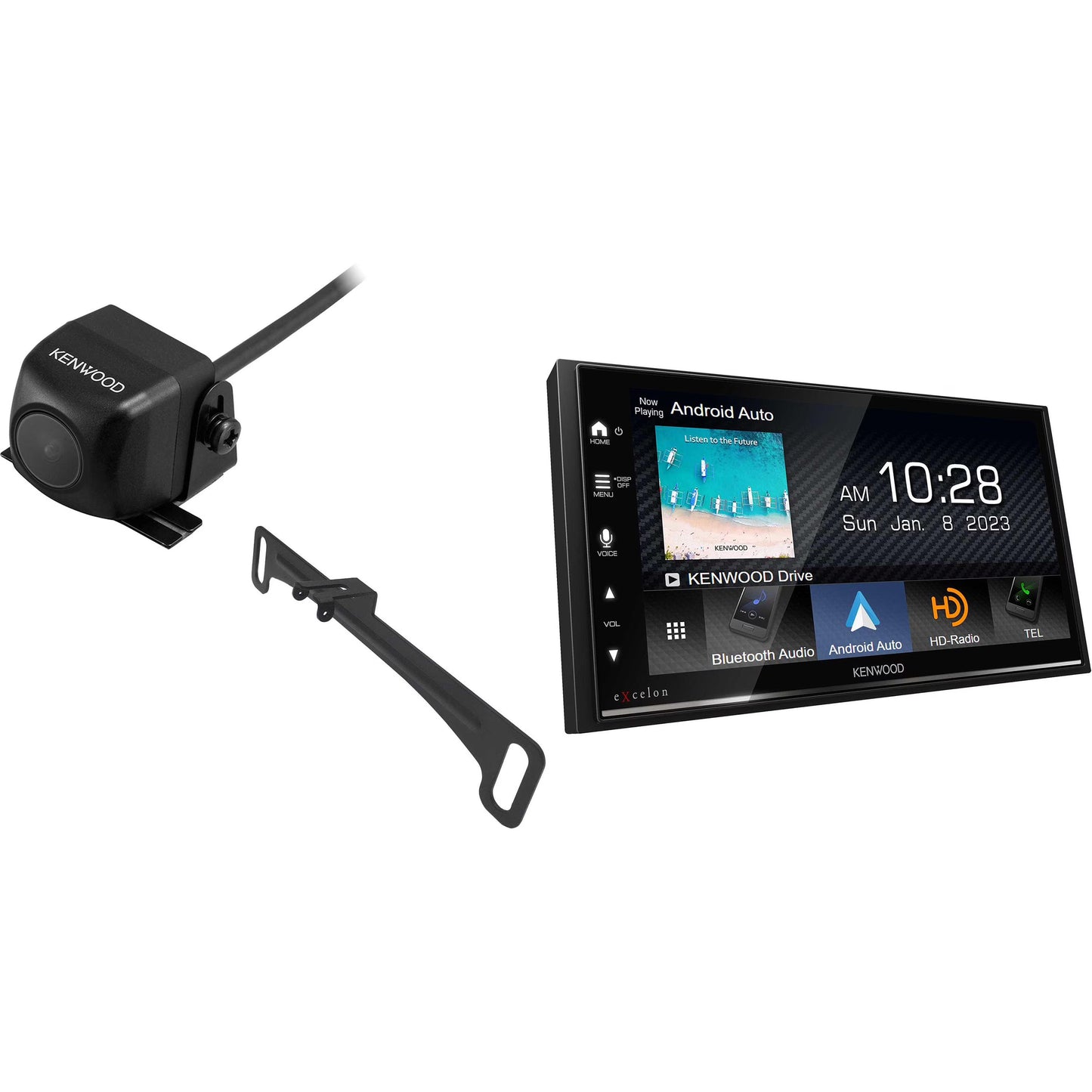 Kenwood DMX709S MultiMedia Receiver with CMOS-230LP Rearview Camera with License Plate Mounting Hardware