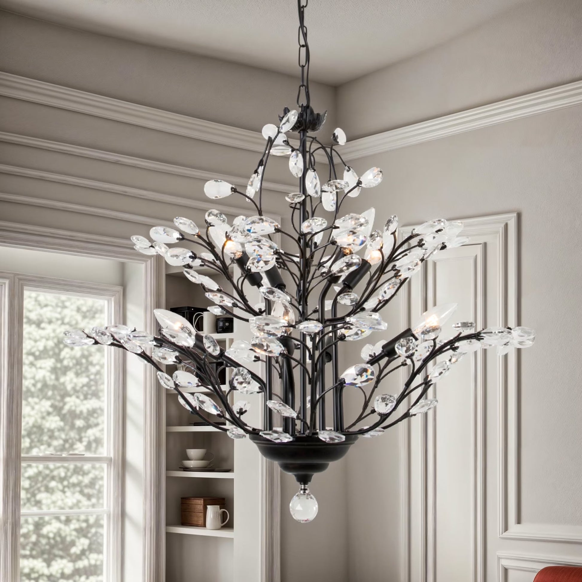 Maxax 4 Lights Semi Flush Mount Crystal Chandelier, Modern K9 Ceiling Light Fixtures, Adjustable Hanging Pendant Lighting, E12 Ceiling Light for Entry Way, Dinning Room, Living Room, Bedroom, Black