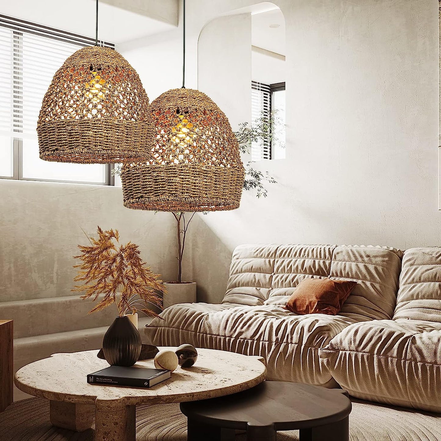 Arturesthome Creative Seagrass Pendant Lamp Rattan Lampshade Handmade Weave Lighting Modern Hanging Ceiling Light Fixture for Cafe Bar