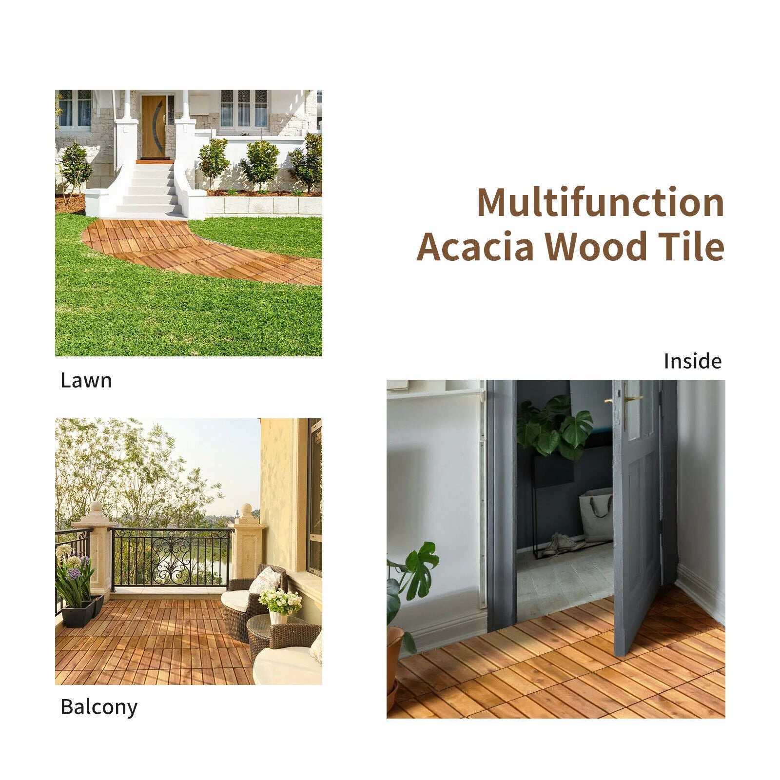 Patiojoy 27PCS 12"x12" Patio Interlocking Tiles Acacia Slat Wood Garden Outdoor &Indoor