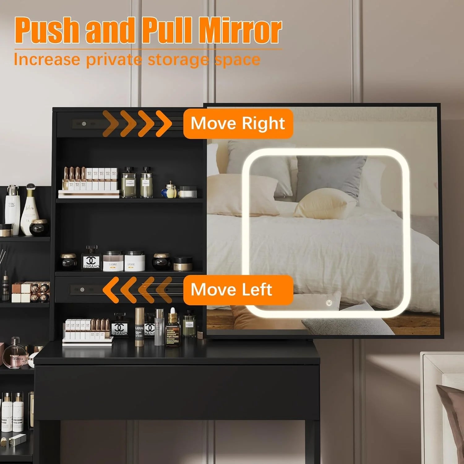 Vanity Desk with Sliding Mirror and Lights, Makeup Vanity Set with Power Outlet, 4 Drawers, Stool, Open Shelves, 3 Color Lighting Modes, Brightness Adjustable, Makeup Dressing Table for Bedroom