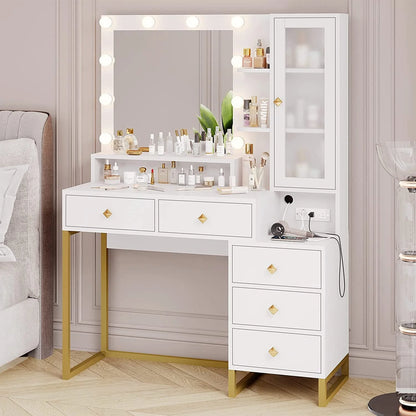 Vanity Desk with LED Lighted Mirror, Makeup Desk with 5 Storage Drawers & 6 Shelves, Vanity Table with Charging Station, Modern Dressing Table with 3 Color Lighting Options, White
