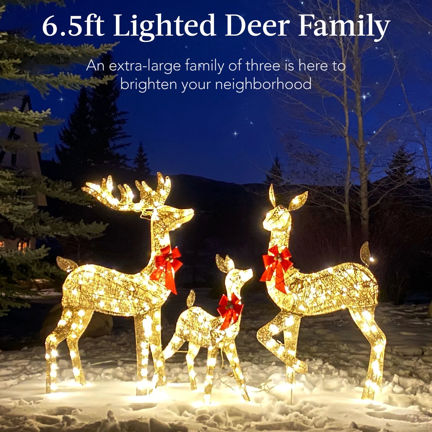 Best Choice Products 6.5ft 3-Piece Lighted Christmas Deer Set Outdoor Yard Decoration w/385 LED Lights, Stakes - Gold