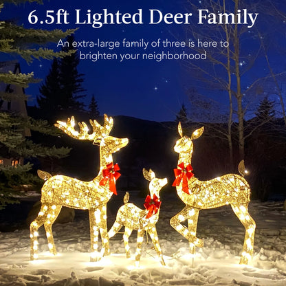 Best Choice Products 6.5ft 3-Piece Lighted Christmas Deer Set Outdoor Yard Decoration w/385 LED Lights, Stakes - Gold