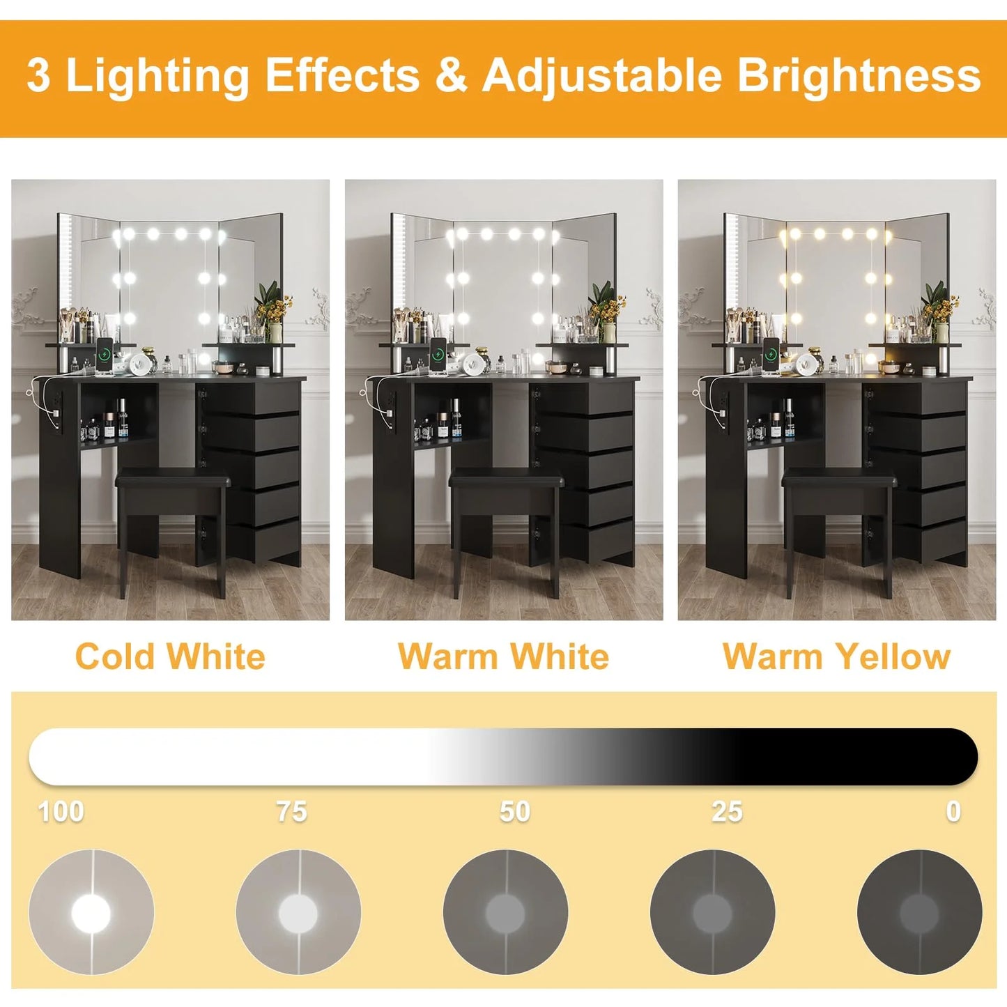 Ataucjin Makeup Vanity Desk With Lights Mirror & Power Outlet Corner Makeup Vanity Table With 5 Rotating Drawers Shelves And Stool 3 Color Lighting Makeup Table Bedroom Dressing Table
