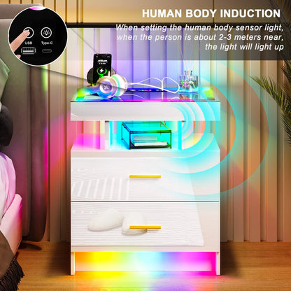 HNEBC RGB LED Nightstand with Wireless Charging Station & USB Ports, High Gloss Smart Night Stand with Drawer and Dynamic Lighting, Modern Bedside Tables for Bedroom, End Table