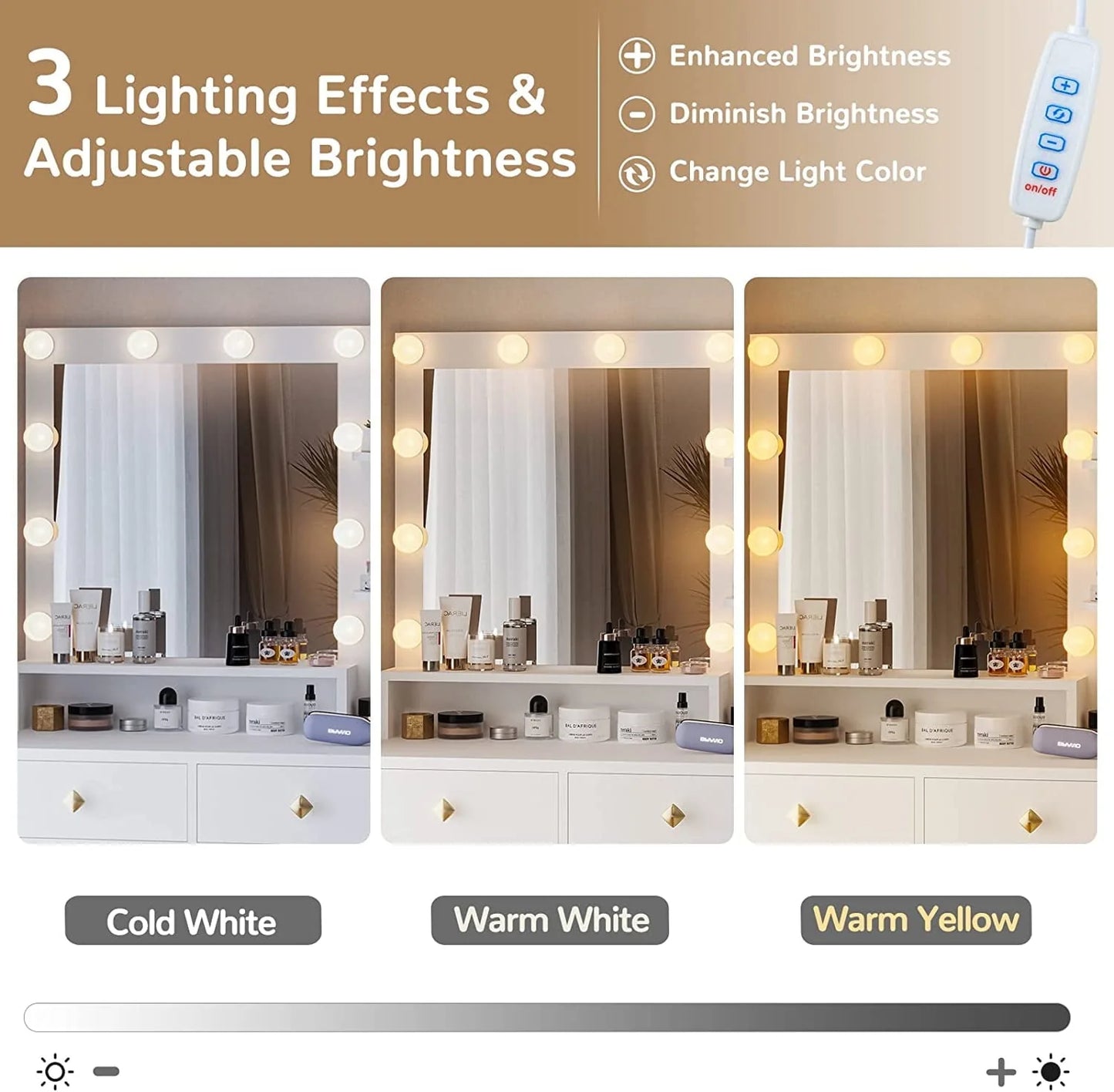 Vanity Desk with LED Lighted Mirror, Makeup Desk with 5 Storage Drawers & 6 Shelves, Vanity Table with Charging Station, Modern Dressing Table with 3 Color Lighting Options, White