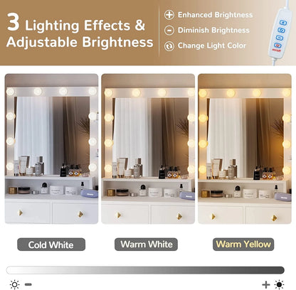 Vanity Desk with LED Lighted Mirror, Makeup Desk with 5 Storage Drawers & 6 Shelves, Vanity Table with Charging Station, Modern Dressing Table with 3 Color Lighting Options, White