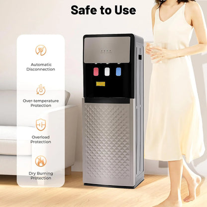 Bottom Loading Water Dispenser for 5 Gallon Bottle, 3 Temperature Settings (Hot, Room & Cold Water), 110V US Plug, 5L/H Rapid Heating, 0.53Gal/H Cooling, Anti-Scald Design for Home/Office (Grey)