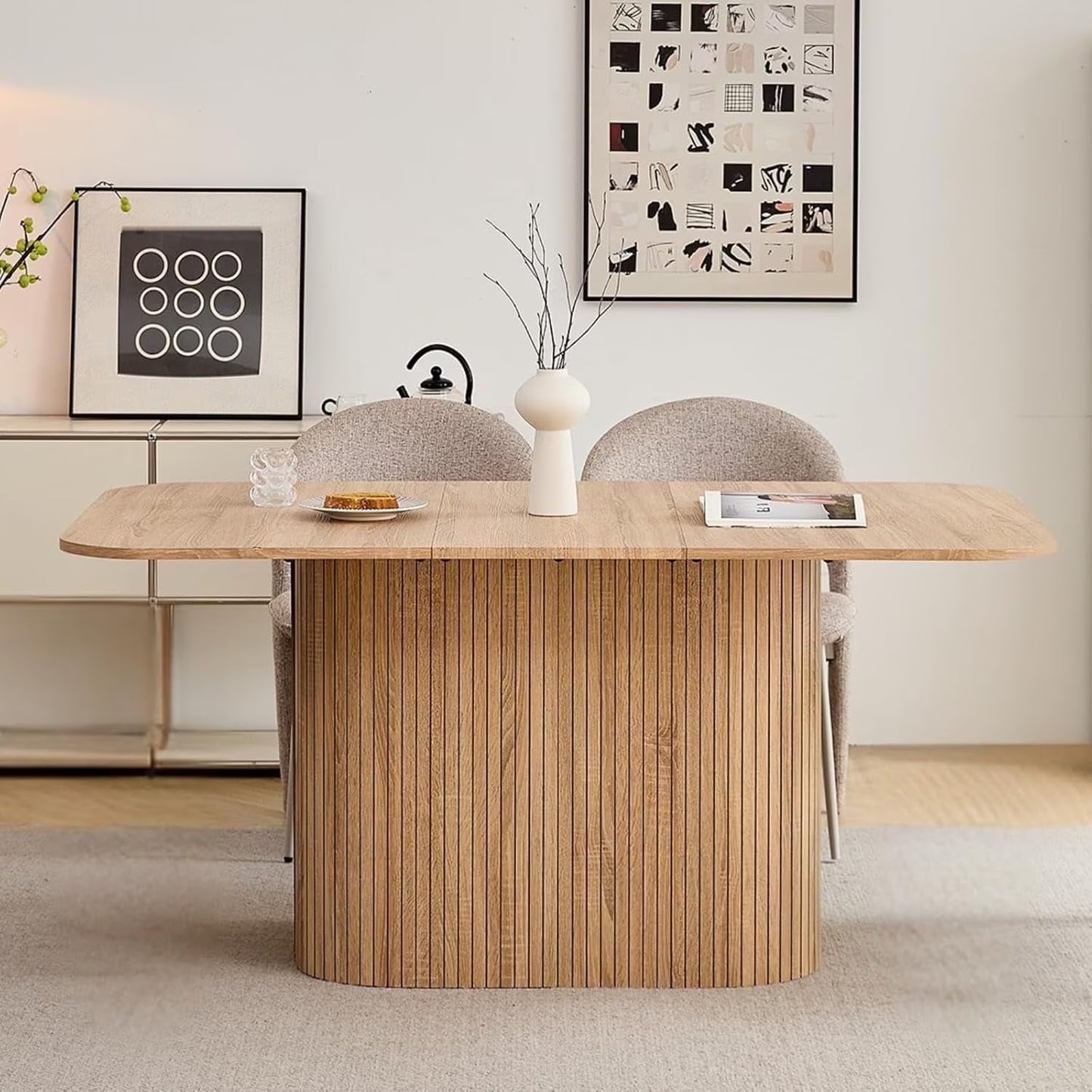 HJhomeheart 63" Rectangle Dining Table for 4 6 Person, Rounded Corners, Wood Strip Pedestal Base, Rustic Farmhouse Modern Breakfast Dinner Kitchen Table