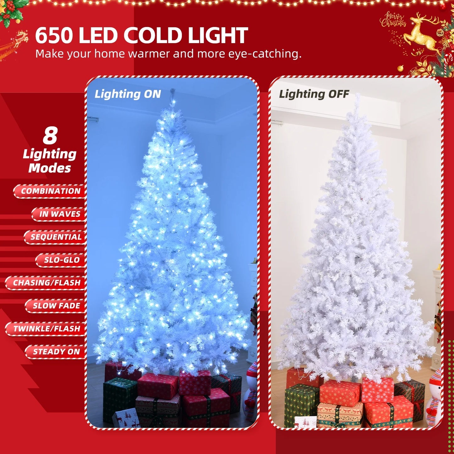 Ktaxon 9 FT Pre-Lit Christmas Tree, Hinged Xmas Pine Tree with 2000 Branch Tips, 650 Lights and Remote Control for Holiday Party Office Home, White