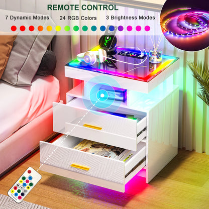 HNEBC RGB LED Nightstand with Wireless Charging Station & USB Ports, High Gloss Smart Night Stand with Drawer and Dynamic Lighting, Modern Bedside Tables for Bedroom, End Table