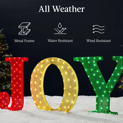 Best Choice Products 32in 3-Piece 3D Lighted Christmas JOY Yard Decoration w/150 LED Lights, Stakes - Red/Gold/Green