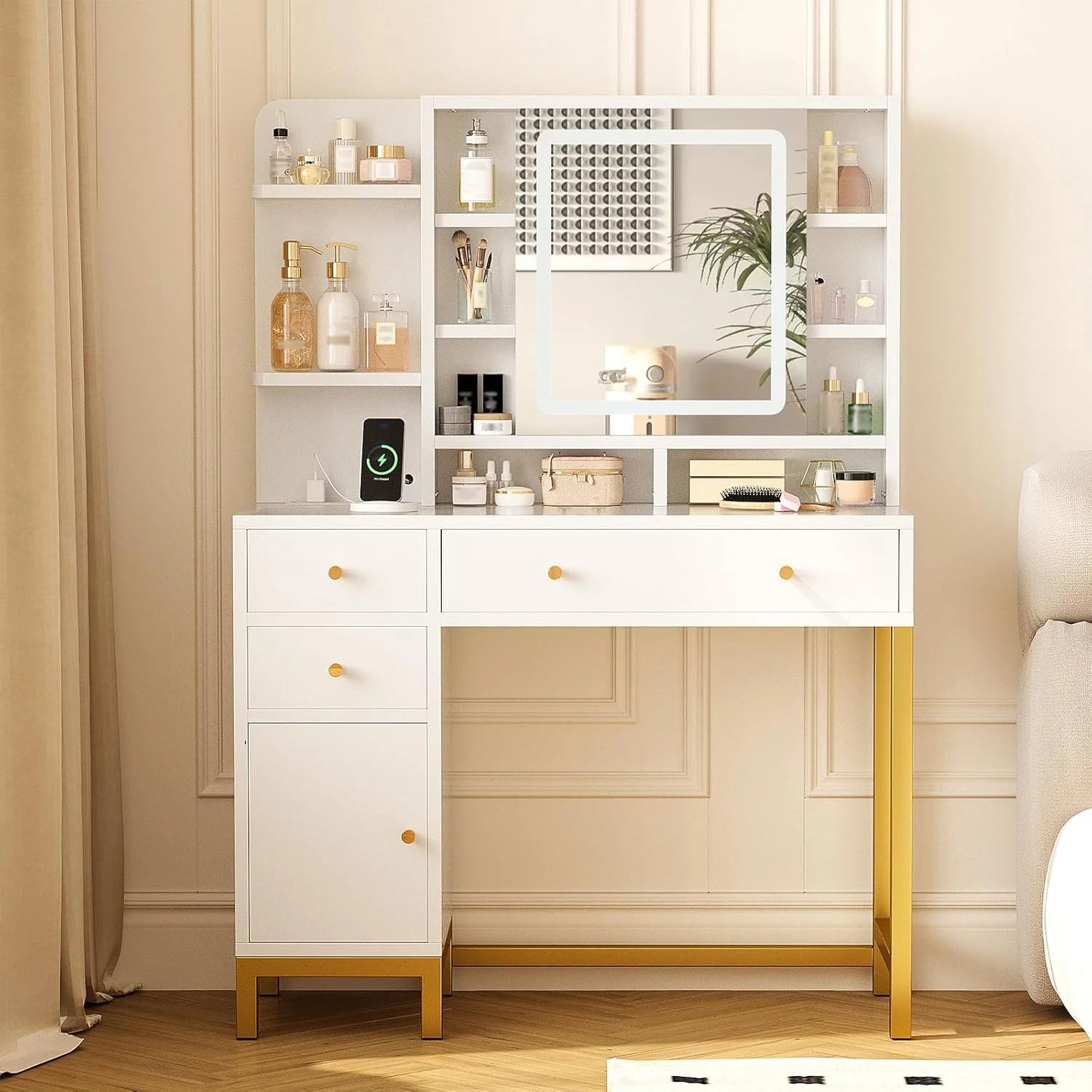 Juiluna Makeup Vanity with Led Lighted Mirror & Power Outlet, 3 Lighting Modes, Brightness Adjustable, Vanity Desk with Acrylic Tabletop & Drawers and Cabinets for Bedroom, White